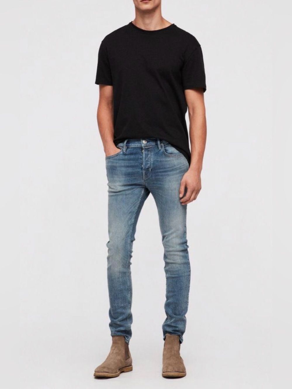 AllSaints Cigarette Fit Distressed Light Blue Stretch Denim Skinny Jean Men’s 32